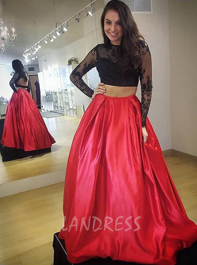 Two Piece Prom Dresses with Long Sleeves,Satin Prom Dress,11182
