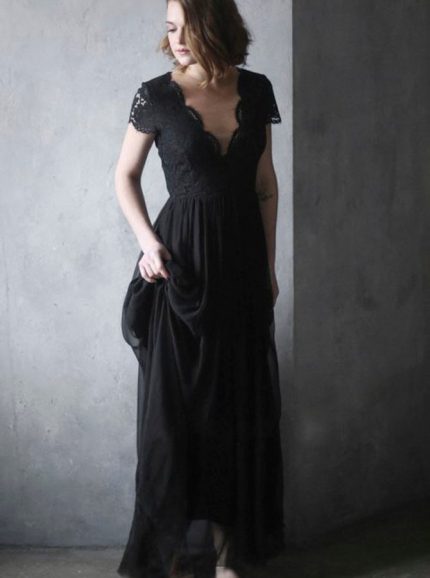 Black Wedding Dresses,Rustic Wedding Dress with Short Sleeves,12070