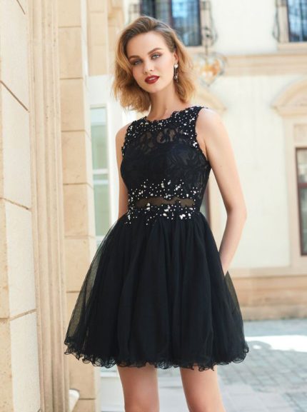 Black Tulle Homecoming Dresses,Illusion Cocktail Dress,11531