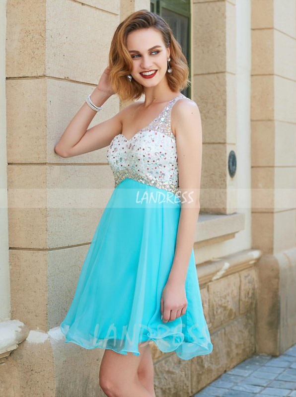 One Shoulder Crystal Cocktail Dress,Chiffon Short Homecoming Dress with Cutout Back,11525