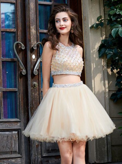 Champagne Two Piece Homecoming Dresses,Sparkly Cocktail Dress,11532