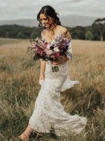 Boho Lace Wedding Dress with Straps,Fitted Lace Dress with Detachable Sleeves,12169