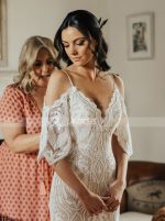 Boho Lace Wedding Dress with Straps,Fitted Lace Dress with Detachable Sleeves,12169