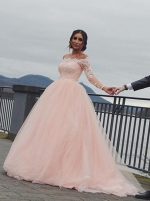 Champagne Ball gown Dress,Long Sleeves Wedding Gown,Off the Shoulder Bridal Gown,12019