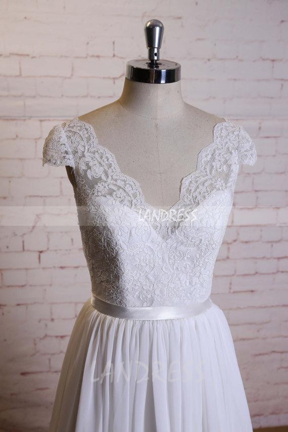 Chiffon Wedding Dress with Cap Sleeves,Simple Beach Wedding Dress,12022