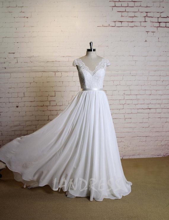Chiffon Wedding Dress with Cap Sleeves,Simple Beach Wedding Dress,12022