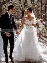 Elegant A-line Tulle Bridal Dress Cap Sleeves,12305