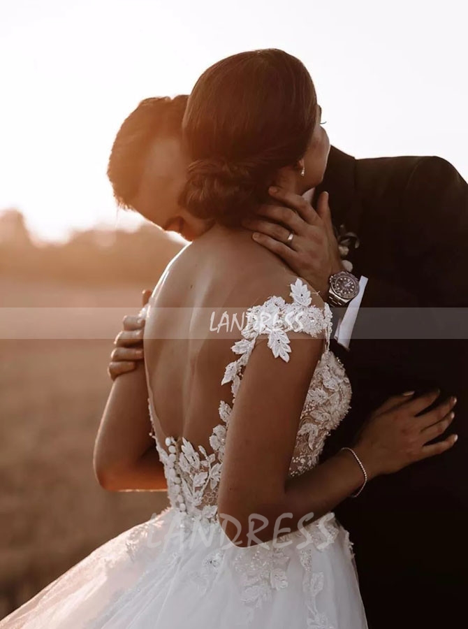 Elegant A-line Tulle Bridal Dress Cap Sleeves,12305