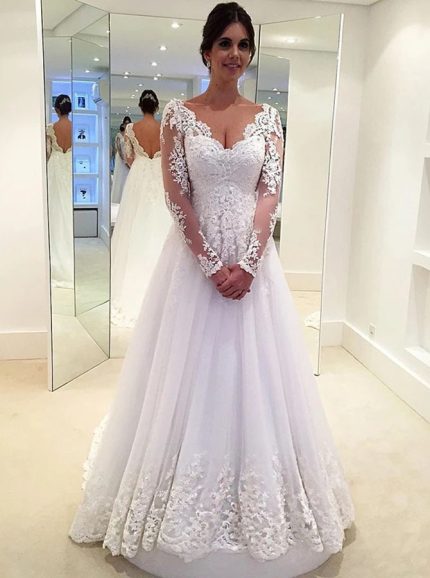 A-line V-neck Long Sleeves Wedding Dress,12270