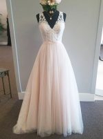 A-line Champagne Wedding Dresses,V-neck Bridal Dress,Tulle Long Wedding Dress,11271