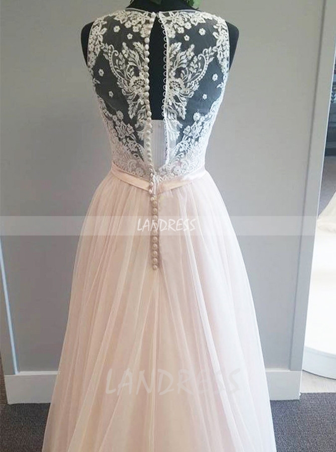 A-line Champagne Wedding Dresses,V-neck Bridal Dress,Tulle Long Wedding Dress,11271