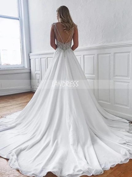 A-line Chiffon Bridal Dress with Sweep Train,Elegant Wedding Dress,12196