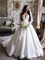 A-line Classic Wedding Dress with Sleeves,Vintage Satin Bridal Gown,12242