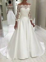A-line Elegant Bridal Dress, Off the Shoulder Satin Wedding Dress with Sleeves,12203