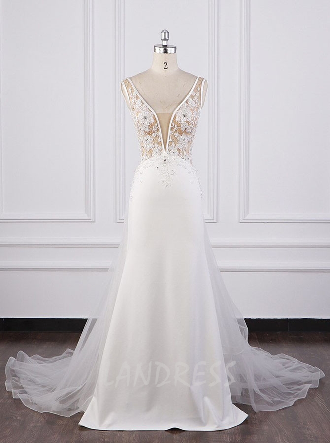 A-line Illusion Wedding Dress,Garden Bridal Dress with Tulle Train,12082
