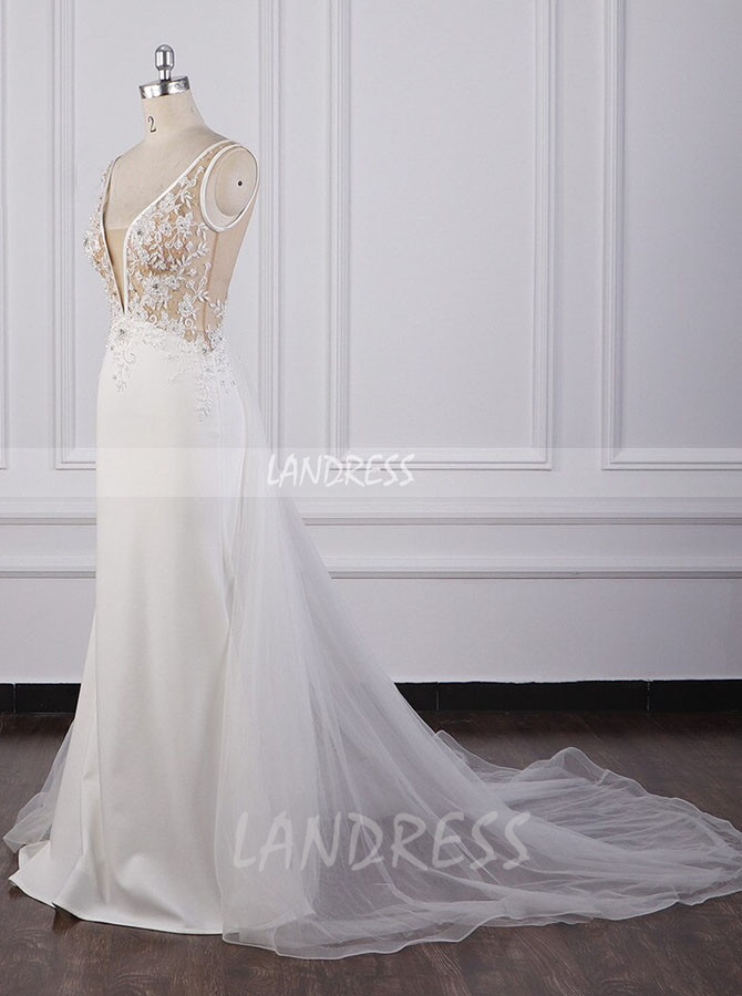 A-line Illusion Wedding Dress,Garden Bridal Dress with Tulle Train,12082