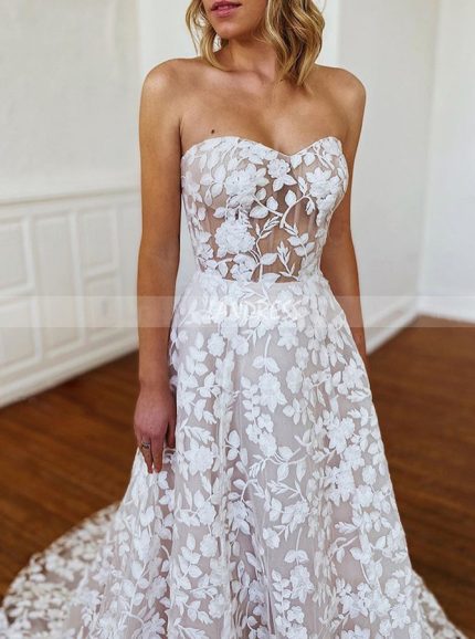 A-line Lace Wedding Dress,Boho Strapless Bridal Dress,12210
