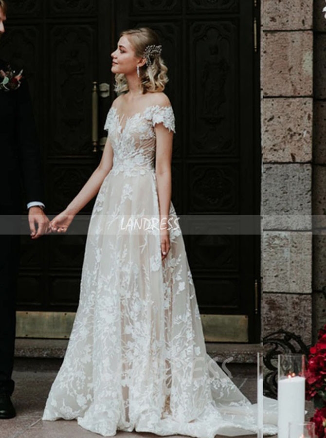 A-line Lace Wedding Dress with Cap Sleeves,Elegant Wedding Dress,12302