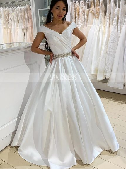 A-line Off the Shoulder bridal Dress,Satin Bridal Dress with Beaded Belt,12212