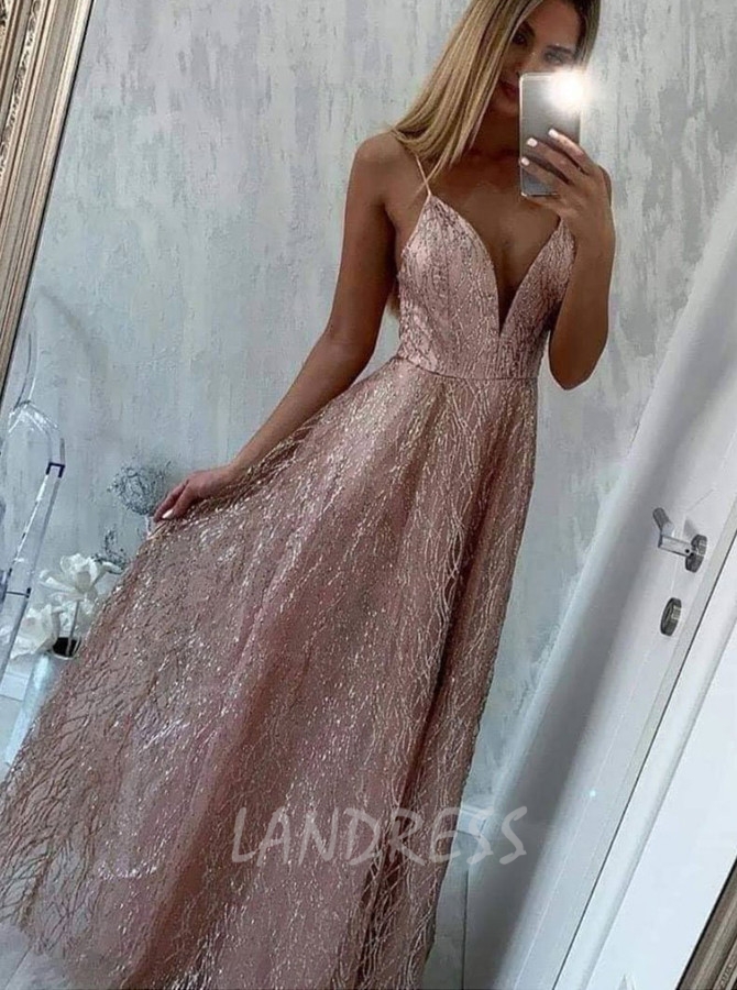 A-line Prom Dresses,Sequined Prom Dress,V-neck Evening Dress,12079