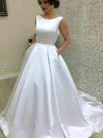 A-line Satin Wedding Dress with Pockets,Fall Bridal Dress Open Back,12294
