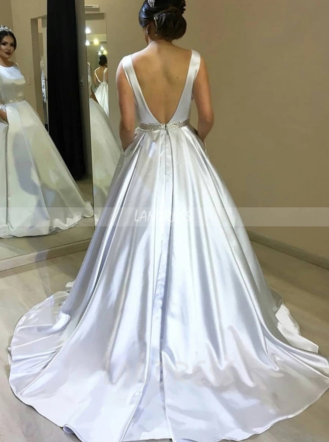 A-line Satin Wedding Dress with Pockets,Fall Bridal Dress Open Back,12294
