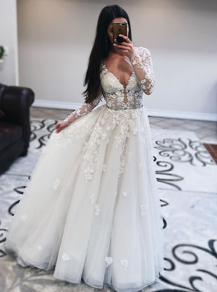 A-line See through V-neck Bridal Dress with Long Sleeves,12269