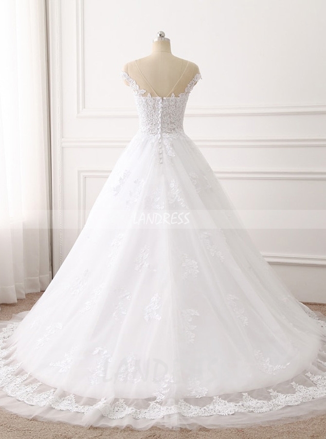 A-line Wedding Dress with Cap Sleeves,Lace Bridal Dress,11692