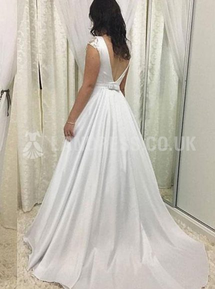 A-line Wedding Dress with Cap Sleeves,Satin Wedding Dress,Simple Bridal Dress,11133
