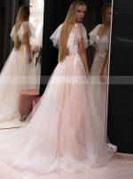 A-line Wedding Dress with Flutter Sleeves,Tulle Bridal Dress with Champagne Lining,12206