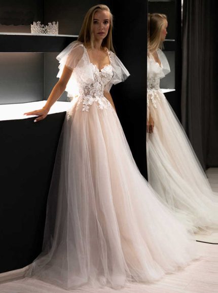 A-line Wedding Dress with Flutter Sleeves,Tulle Bridal Dress with Champagne Lining,12206