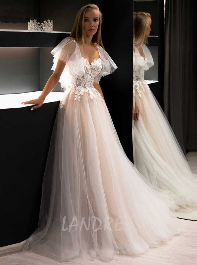 A-line Wedding Dress with Flutter Sleeves,Tulle Bridal Dress with Champagne Lining,12206