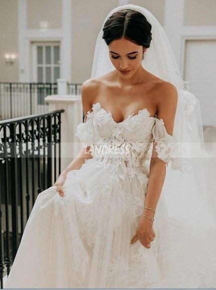 A-line Wedding Dress with Off the Shoulder Neckline,Princess Bridal Gown,12194