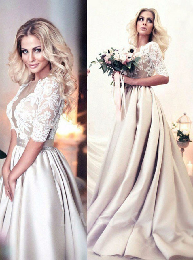 A-line Wedding Dress with Satin Skirt,Modest Bridal Dress with Lace ...
