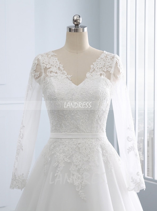 A-line Wedding Dress with Sleeves,Elegant Tulle Wedding Dress,11707
