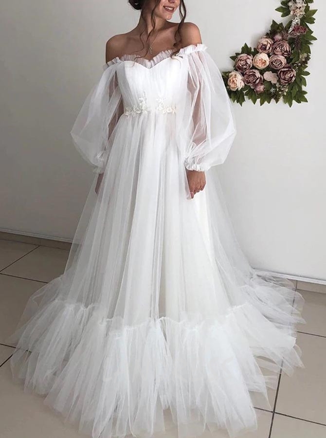 A-line Wedding Dress with Sleeves,Off the Shoulder Tulle Bridal Dress,12192