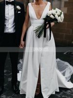 A-line Wedding Dress with Slit,Satin Wedding Dress with Pockets,12061