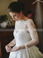 A-line Wedding Gown with Illusion Sleeves,Satin Bridal Dress with Delicate Floral Lace Appliques,12179