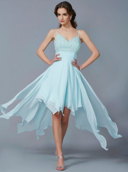 Aqua Homecoming Dresses,High Low Spaghetti Straps Prom Dresses,11524