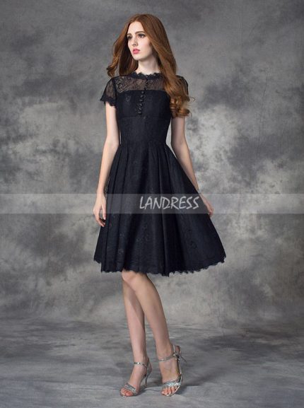Black Lace Homecoming Dress with Short Sleeves,Short Prom Dress For Teens,11510