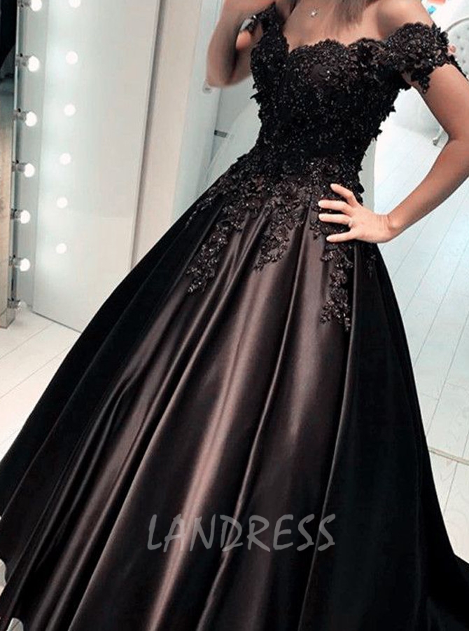 Black Prom Dress,Satin Off the Shoulder Prom Dress,A-line Prom Dress,11174