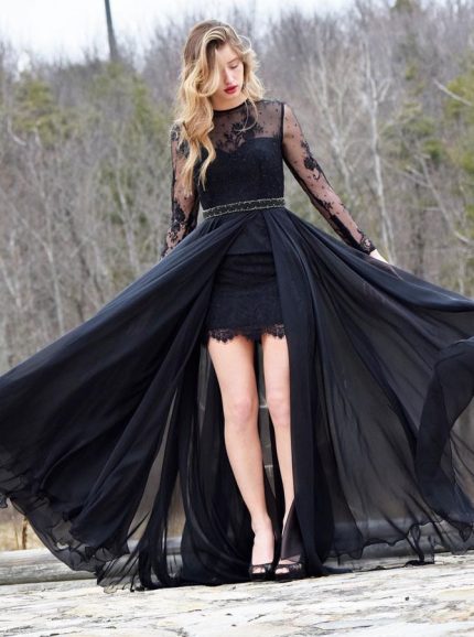 Black Prom Dress with Long Sleeves,Chiffon Lace Evening Dress,12009