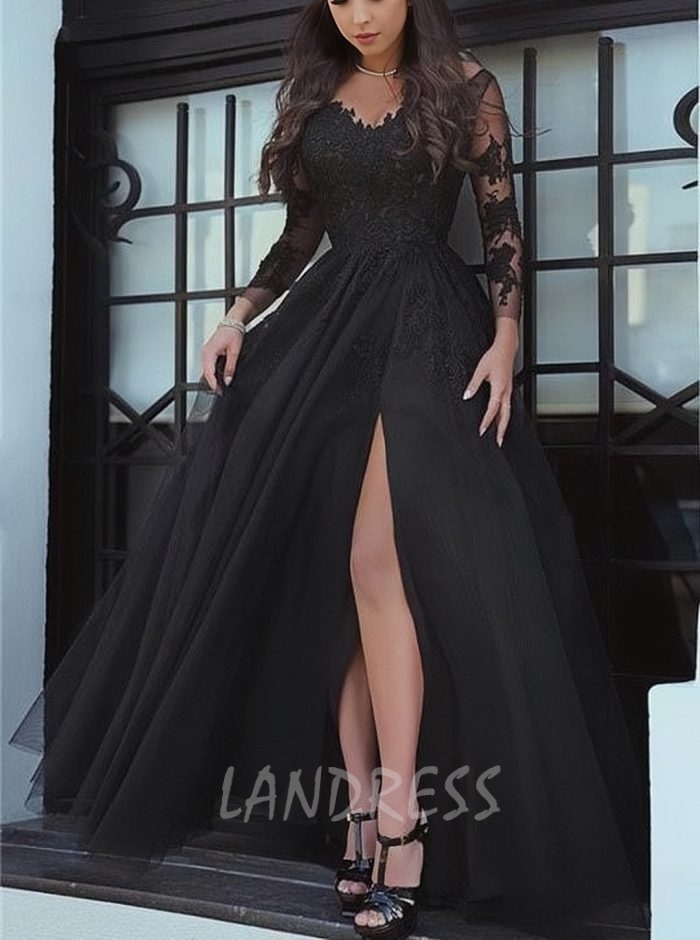 Black Prom Dress with Sleeves,Tulle Evening Dress with Slit,11990