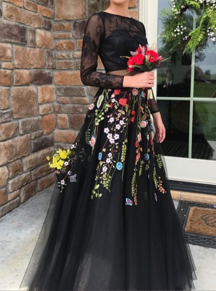 Black Two Piece Prom Dresses,Floral Tulle Prom Dress with Sleeves,11933