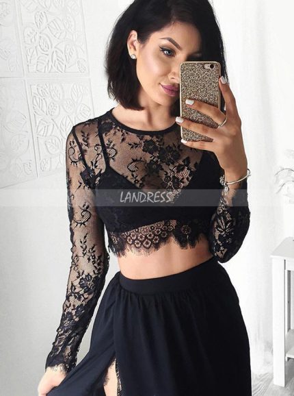 Black Two Piece Prom Dresses,Prom Dress with Long Sleeves,11879