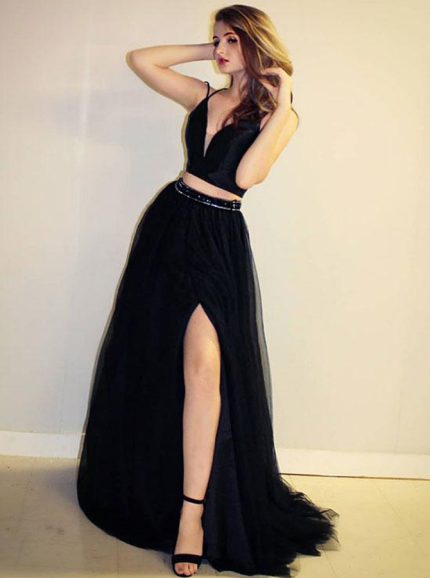 Black Two Piece Prom Dresses,Tulle Prom Dress with Slit,12080