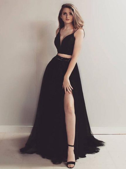 Black Two Piece Prom Dresses,Tulle Prom Dress with Slit,12080