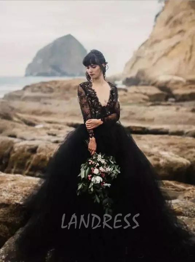 Black Wedding Dresses with Long Sleeves,Tulle Wedding Dress,12071