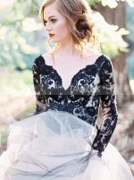 Black Wedding Gown with Sleeves,Tulle Ball Gown Wedding Dress,11286