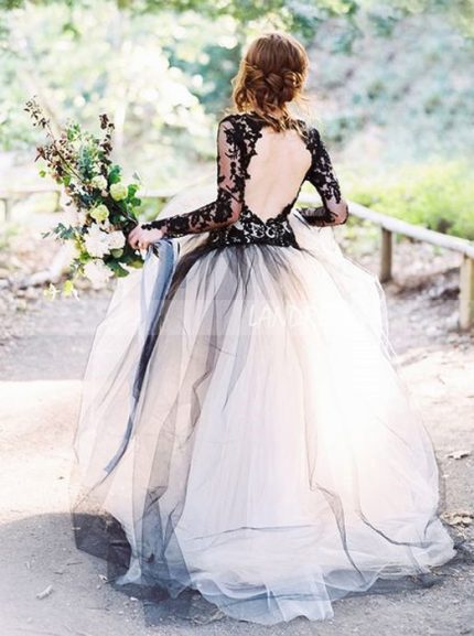 Black Wedding Gown with Sleeves,Tulle Ball Gown Wedding Dress,11286
